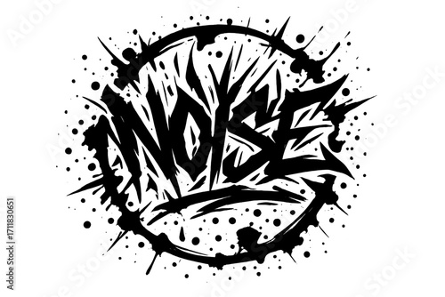Noise graffiti lettering chaotic jagged strokes surrounded by splatters circular frame composition clean white background vector look high contrast.