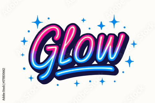 Glow retro neon lettering glowing bold tone surrounded by sparkles horizontal balanced layout clean white background vector look high contrast.
