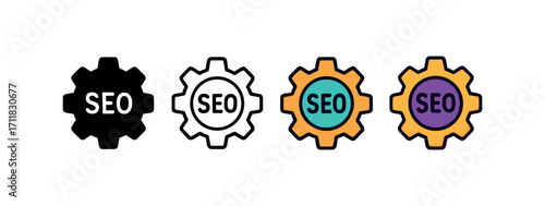 Vector icon SEO optimization gear same pose same proportions four styles black solid glyph outline minimal flat multicolor filled cartoon flat shaded.