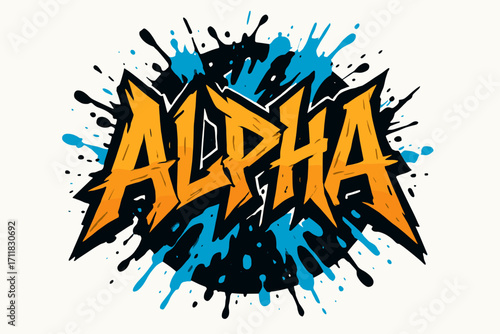 Alpha graffiti style lettering jagged tone surrounded by paint splashes circular frame composition clean white background vector look high contrast.