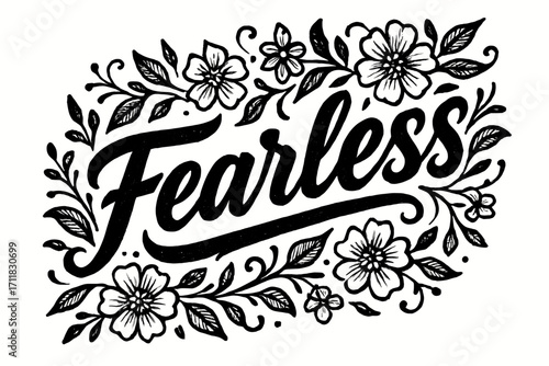 Fearless rustic bold calligraphy handcrafted heavy tone surrounded by floral ornaments diagonal decorative composition clean white background vector look high contrast.