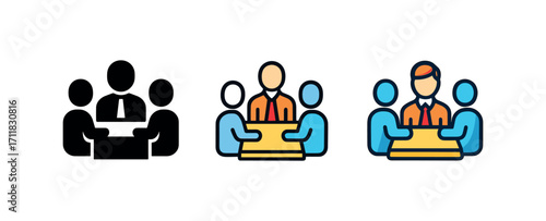 Vector icon business team meeting same pose same proportions four styles black solid glyph outline minimal flat multicolor filled cartoon flat shaded.