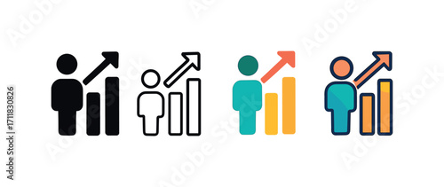 Vector icon business growth chart same pose same proportions four styles black solid glyph outline minimal flat multicolor filled cartoon flat shaded.