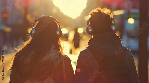 Young couple listening music together, enjoying the walk at urban street in the city