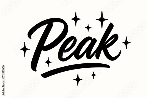 Peak brush lettering brisk ascending stroke surrounded by sky sparkles horizontal balanced layout clean white background vector look high contrast.