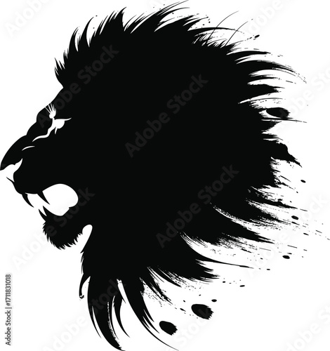 Ink style lion head silhouette vector, roaring lion art design, abstract animal illustration, wild predator profile, brush stroke mane logo concept