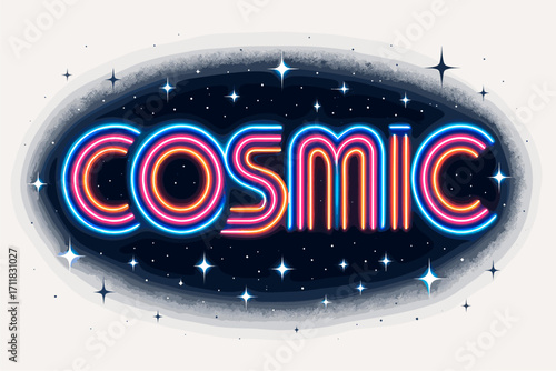 Cosmic retro neon lettering glowing wide curves surrounded by stars horizontal balanced layout clean white background vector look high contrast.