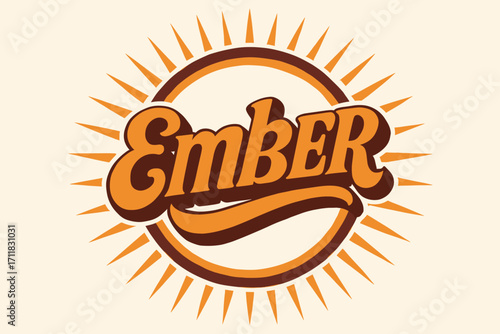 Ember retro poster lettering warm bold curves surrounded by soft rays circular frame composition clean white background vector look high contrast.