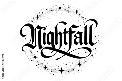 Nightfall gothic calligraphy dramatic heavy swash surrounded by star dust circular frame composition clean white background vector look high contrast.