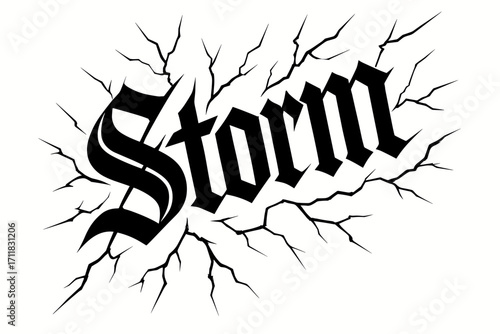 Storm gothic medieval lettering heavy sharp strokes surrounded by lightning sparks diagonal decorative composition clean white background vector look high contrast.