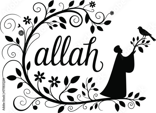Islamic calligraphy art with floral design, Allah name artwork, Muslim religious decor, spiritual silhouette with bird, black and white vector for Islamic design