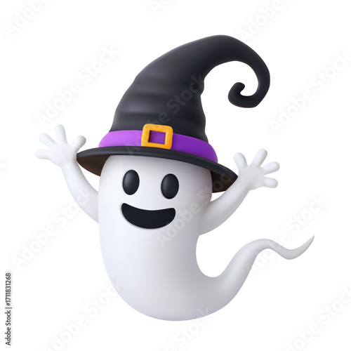 3D-style ghost wearing a hat, isolated on a white background. For Halloween designs, greeting cards, party invitations, or spooky-themed decorations.