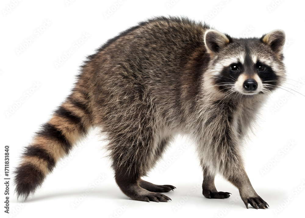 Obraz premium Raccoon standing alert on a white background looking directly at the camera lens