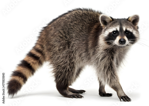 Raccoon standing alert on a white background looking directly at the camera lens