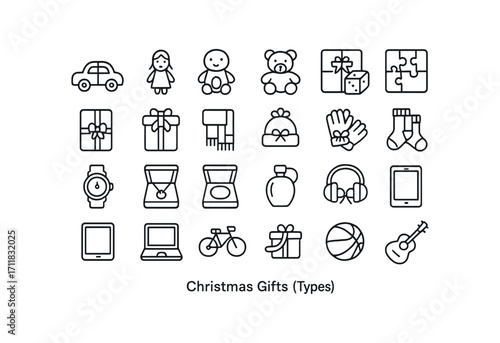 vector outline icons Christmas Gifts (Types) toy car doll figure teddy bear robot toy board game puzzle box book gift sweater gift scarf gift hat gift gloves gift socks gift watch box.