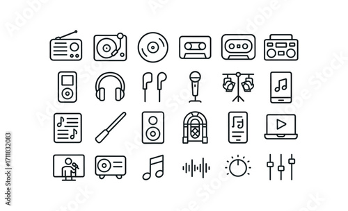 vector outline icons Christmas Music (Media) radio set record player vinyl record cassette tape cd disc boombox speaker mp3 player headphones set earphones pair microphone stand stage.