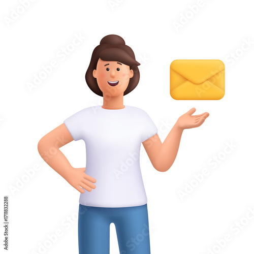 Young smiling woman Jane and yellow envelope. Post, message, e-mail and communication concept. 3d vector people character. Cartoon minimal style.