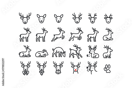 vector outline icons Reindeer (Appearance) brown reindeer white reindeer red nose big antlers small antlers spotted fur strong body slim body running legs standing pose sleeping pose eating.