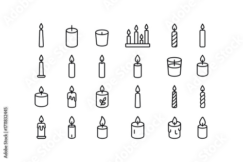 vector outline icons Christmas Candles (Types) taper candle pillar candle votive candle tea light advent candle tall candle short candle red candle green candle white candle gold candle.