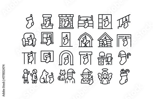 vector outline icons Christmas Stockings (Scenes) stocking hanging stocking chimney stocking fireplace stocking bed stocking chair stocking window stocking door stocking staircase stocking.