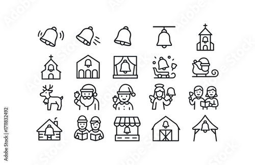 vector outline icons Christmas Bells (Scenes) bell ringing bell swinging bell shaking bell hanging bell tower bell church bell hall bell stage bell parade bell sleigh bell reindeer bell.