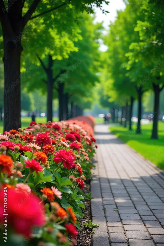 Obraz premium Vibrant flowerbeds burst with color, lining a paved park path edged with lush green grass and mature trees, creating a picturesque scene of urban landscaping , colorful, scenic