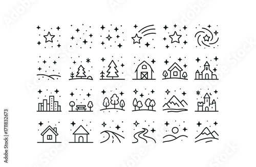 vector outline icons Stars (Scenes) night sky starry sky glowing sky shooting sky comet trail galaxy view snowy night frosty night winter night star above tree star above barn star above.