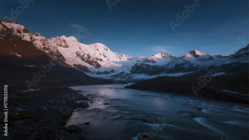 Winter starry sky snow mountain river