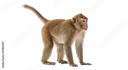 Photography Isolated macaque with its tail up, standing on all fours, tan and furry color fu