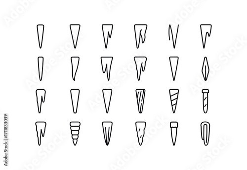 vector outline icons Icicles (Types) small icicle big icicle thin icicle thick icicle long icicle short icicle straight icicle curved icicle clear icicle cloudy icicle sharp icicle blunt.