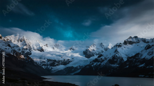 Winter starry sky snow mountain river