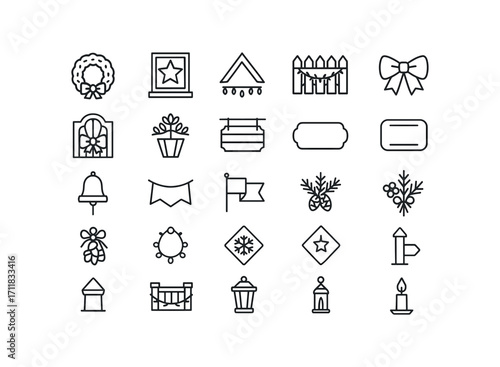 vector outline icons Village Houses (Decorations) door wreath window star roof lights fence garland porch bow gate bow lamp crown sign board name board number plate bell rope banner strip.