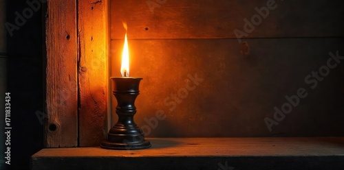 Warm, inviting glow from a lit interior torch, casting flickering shadows on a rustic wooden wall Perfect for ambiance, home decor, and travel themes , ambiance, design