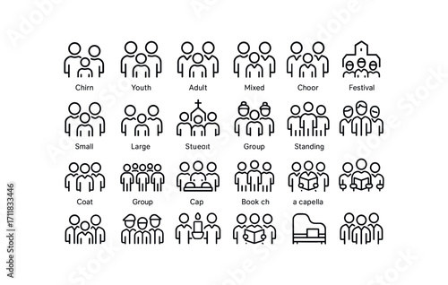 vector outline icons Choirs (Types) kids choir youth choir adult choir mixed choir men choir women choir chamber choir church choir street choir school choir festival choir carol choir.