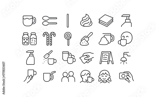 vector outline icons Cocoa Bar (Scenes) mug lining spoon stacking stir stick napkin pile topping jars candy sticks marsh swirl cream whip syrup pump spice shake cocoa scoop kettle ladle.