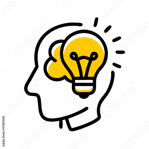 Yellow light bulb icon with a brain shape emerging from it symbolizing innovation and new ideas on a black background