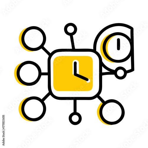 Yellow clock face with crescent moon symbols on a black background representing the passage of time and night cycles