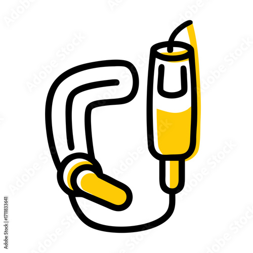 Stylized yellow icon of an iv drip bag and a detached iv line connector on a black background representing medical treatment and fluid administration