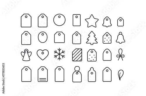 vector outline icons Gift Tags (Types) kraft tag linen tag foil tag glossy tag matte tag mini tag large tag round tag square tag star tag tree tag bell tag angel tag heart tag snow tag.