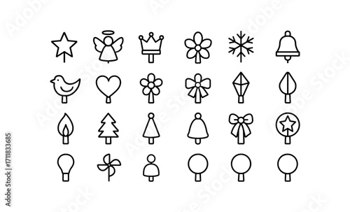 vector outline icons Tree Toppers (Types) star topper angel topper bow topper crown topper snow topper bell topper bird topper heart topper flower topper ribbon topper crystal topper glass.