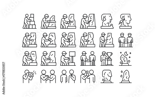 vector outline icons Ice Sculptures (Scenes) block stacking saw cutting chisel carving chip brushing torch smoothing drill boring groove scoring edge shaving face polishing crack fixing.