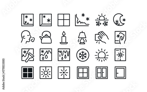 vector outline icons Frost Patterns (Scenes) pane edge pane corner sash bar frame seam night chill dawn sun breath mist kettle candle heat lamp heat hand warm cloth wipe scrape start scrape.