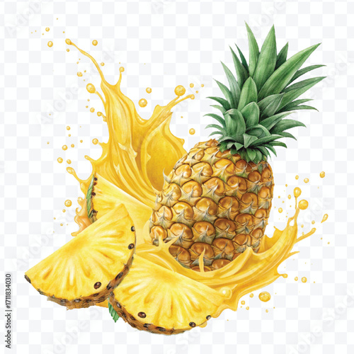realistic fresh pineapple fruit with juice splash in different style isolated on transparent background