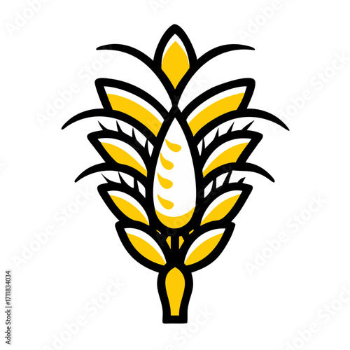 Stylized abstract illustration of a golden wheat stalk with a white grain head on a black background symbolizing harvest and abundance