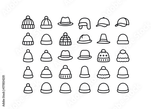 vector outline icons Winter Hats (Types) wool hat knit hat felt hat fur hat cap hat red hat green hat white hat striped hat plaid hat patterned hat plain hat tall hat short hat wide hat.