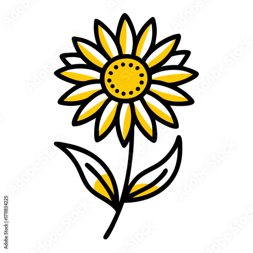 A stylized yellow sunflower with a dark center and petals radiating outwards set against a solid black background with abstract leaf shapes below