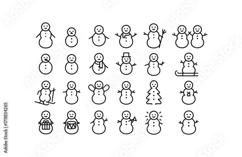 vector outline icons Snowmen (Types) tall snowman short snowman fat snowman slim snowman baby snowman twin snowmen trio snowmen carrot nose button eyes scarf snowman hat snowman broom.