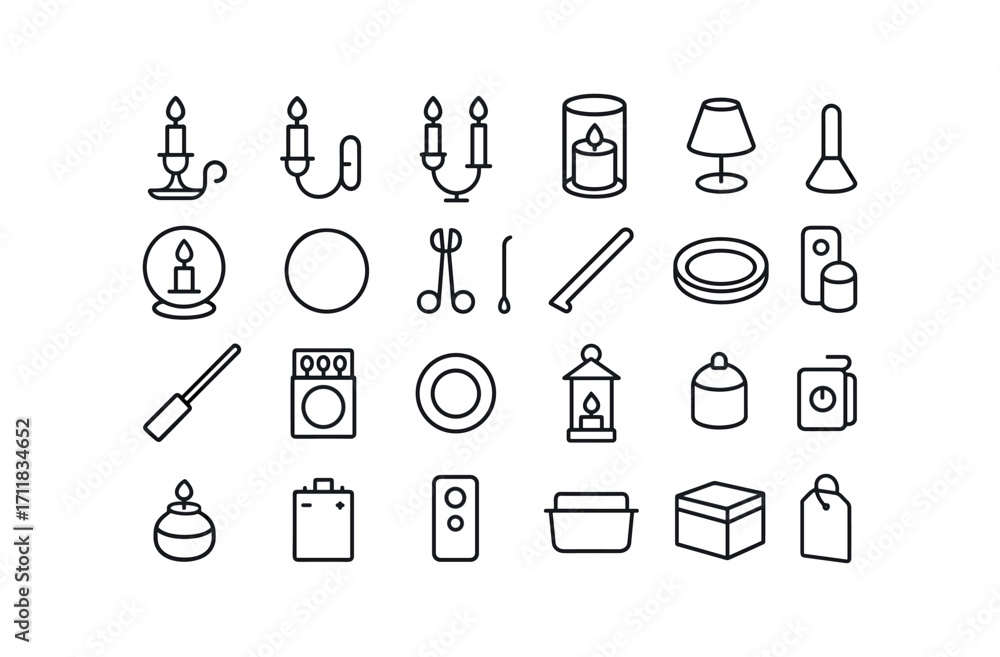 Obraz premium vector outline icons Candles (Accessories) candle holder wall sconce table sconce floor stand glass shade metal shade mirror plate felt pad wick trimmer wick dipper snuffer cone lighter.