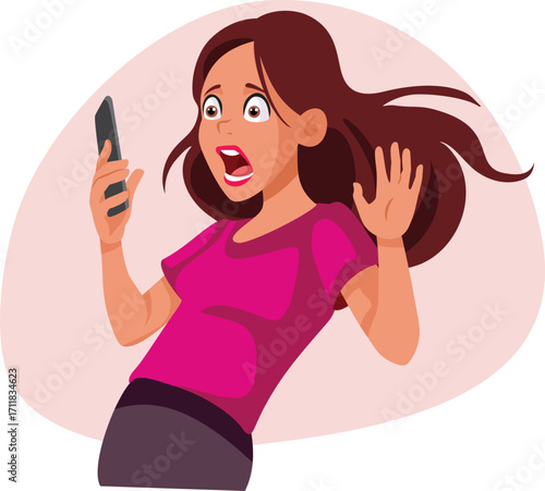 Surprised Woman Checking her Phone being Shocked Vector Cartoon. Funny lady receiving a breakup text on her phone from her lover 