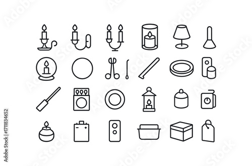 vector outline icons Candles (Accessories) candle holder wall sconce table sconce floor stand glass shade metal shade mirror plate felt pad wick trimmer wick dipper snuffer cone lighter.